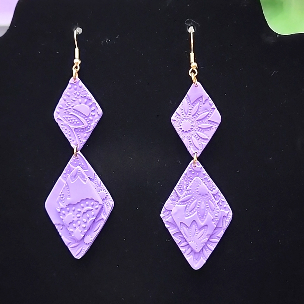Purple Clay Polymer Diamond Shaped Flower Design Earrings